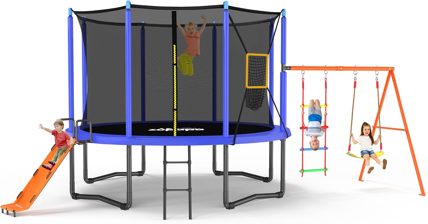 Zupapa 1200LBS Weight Capacity 5 in 1 Trampoline with Slide, Football Throw Net, Swing Set Combo, Rope Ladder