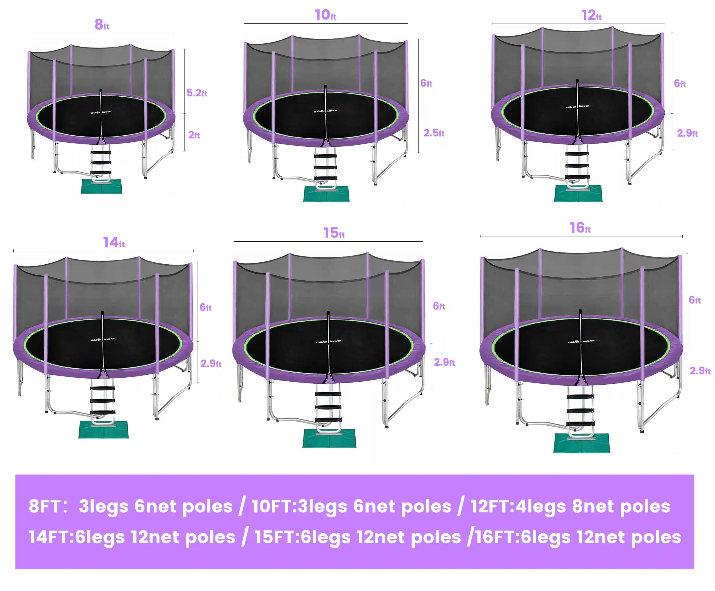 Classic Purple Saffun Outdoor Trampoline With Enclosure Size